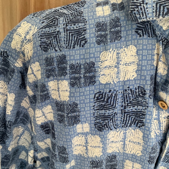 Nat Nast Button Blue 70%  Silk‎ 30% Cotton Camp Shirt Sz L Hawaiian geometric - Picture 7 of 16